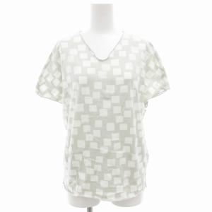 カットソー 半袖 Vネック フレンチスリーブ 総柄 S グレー 白 ホワイト /GV