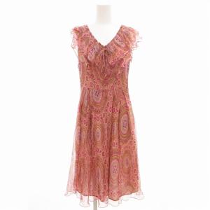 美品 ノースリーブワンピース ひざ丈 Vネック フリル 総柄 絹 シルク 38 紫 パープル /GV