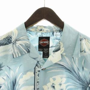 HARLEY DAVIDSON アロハシャツ オープンカラー 開襟 フラワーモチーフ 半袖 S 水色 ライトブルー /NQ GY09