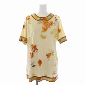 FASHION Tシャツ カットソー 半袖 クルーネック 花柄 L ベージュ 茶 ブラウン /BM GY09