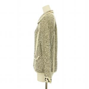 LEONARD ファッション FASHION ツイードジャケット シングル 長袖 絹混 シルク混 L 白 ホワイト 黒 ブラック GY09