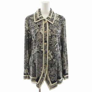 ファッション FASHION シャツ ブラウス 長袖 ウール シルク混 金ボタン 総柄 M 黒 ブラック 白 ホワイト GY09