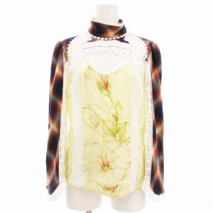 ブラウス スタンドカラー シルク切替 ボタニカルプリント オンブレチェック柄 レース 38 S 黄 イエロー