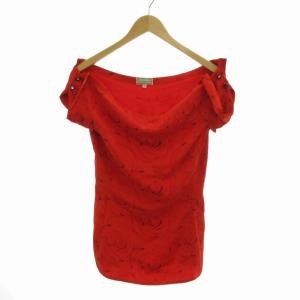 オフショルカットソー ブラウス 絹 シルク 薔薇柄 ビジューボタン フレンチスリーブ 42 L 赤 レッド