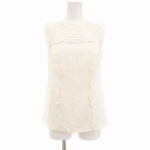 美品 ブラウス カットソー 絹 シルク フリル ノースリーブ ハイネック 40 M 白 ホワイト