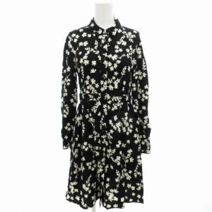 シャツワンピース 長袖 ひざ丈 花柄 36 S 黒 ブラック 白 ホワイト