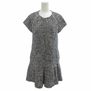 Parkett Boucle Dress ワンピース 混紡 総柄 半袖 ひざ丈 40 M 青 白 ブルー