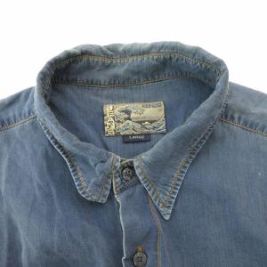 KENZO JEANS ヴィンテージ 80?90s 北斎タグ デニムシャツ ロゴ 刺繍 長袖 L インディゴブルー