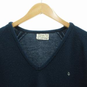 Christian Dior ヴィンテージ ニット セーター 長袖  Vネック ロゴ刺繍 ワンポイント S 紺 ネイビー