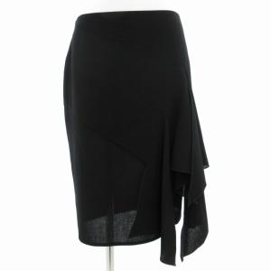フレアシアースカート ひざ丈 クロス バックジップ フリル 絹 シルク 8 M 黒 ブラック /GV EC