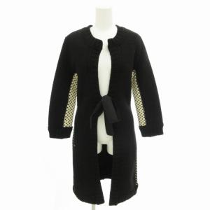 ウールコート ニット ノーカラー リボン ひざ丈 40 S 黒 ブラック 白 ホワイト
