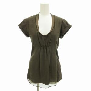 ブラウス ニットソー ストレッチ有 レース切替 シルク切替 半袖 L 茶 ブラウン /FF EC