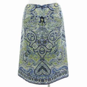 ETRO フレアスカート スリット ペイズリー柄 総柄 シルク 絹 ひざ丈 40 M 青 ブルー 白 ホワイト