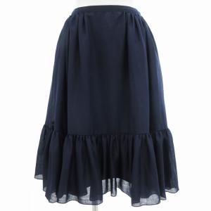 美品 フレアスカート ギャザー タック ひざ丈 38 S 紺 ネイビー