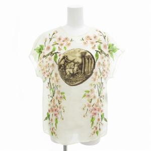 シャツ ブラウス 花柄 絹 シルク ビジューボタン フレンチスリーブ 38 S クリーム色 アイボリー