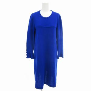 ニットワンピース フレアスリーブ デザインボタン ウール 長袖 ひざ丈 M 青ブルー