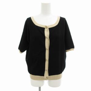 カーディガン ニット バイカラー ビジューボタン 半袖 M 黒 ブラック ベージュ /FF EC