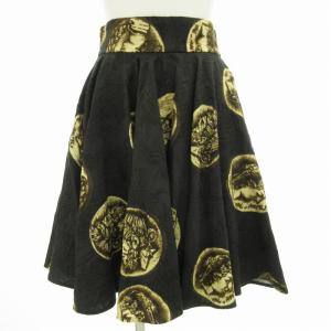 フレアスカート ギャザー シルク混 コイン柄 総柄 ミニ 36 XS 黒 ブラック /FF EC