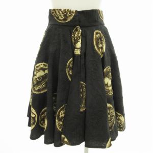 DOLCE&GABBANA フレアスカート ギャザー シルク混 コイン柄 総柄 ミニ 36 XS 黒 ブラック /FF EC