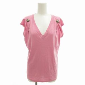 Tシャツ カットソー デザインボタン Vネック フレンチスリーブ S ピンク /FF EC