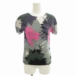 美品 プリーツカットソー Tシャツ ペイント柄 総柄 半袖 グレー ピンク /FF EC