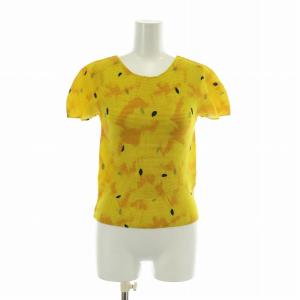 カットソー トップス 半袖 クルーネック ワッフルプリーツ 総柄 黄色 イエロー /XZ EC
