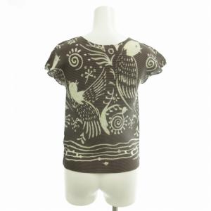 me ISSEY MIYAKE 美品 プリーツカットソー 鳥 総柄 フレンチスリーブ 紫 白 ホワイト パープル