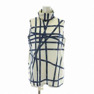 HERMES マルジェラ期 カットソー ノースリーブ タートルネック ボルデュック リボン柄 L 紺 ネイビー 白 ホワイト