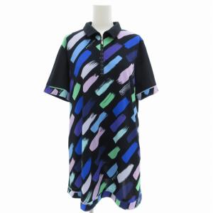 ハーフジップチュニック カットソー 襟付き ラインストーン ビジュー 総柄 半袖 42 XL 紺 ネイビー