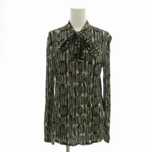 白タグ カットソー ブラウス タイ付き 総柄 長袖 M 黒 ブラック 白 ホワイト /FT EC