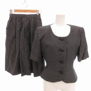 ヴィンテージ セットアップ ノーカラージャケット タックスカート フレア ドット柄 麻 リネン 7 XS