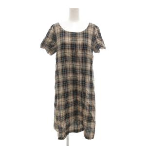 美品 ワンピース ひざ丈 麻 リネン M?L ブラウン系 チェック柄 ラウンドネック 半袖 /NL GY06