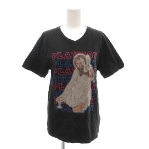PLAYBOY コラボ Tシャツ カットソー M 黒 ブラック グラフィックプリント Vネック 半袖 1243CT01