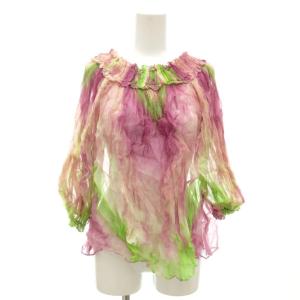 ブラウス 絹 シルク I38 マルチカラー タイダイ柄 フリルネック 七分袖 /NL GY06