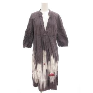 タイダイプリントワンピース ひざ丈 七分袖 Vネック 総柄 38 グレー 白 ホワイト /GV GY06