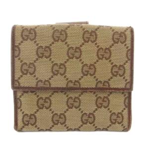 GUCCI 二つ折り財布 コンパクトウォレット Wホック GGキャンバス レザー ベージュ 茶 ブラウン /GV GY06