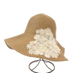 麦わら帽子 バケットハット レース 花刺繍 M ベージュ 白 ホワイト /GV GY06