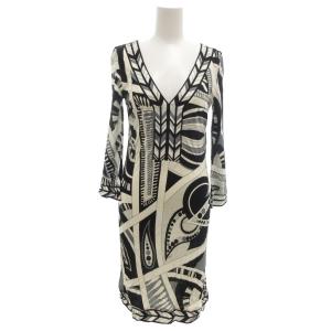ワンピース 38 ベージュ 黒 ブラック Vネック 幾何学模様 長袖 /KR GY06