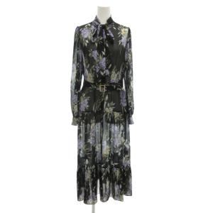 レトロブーケシャツワンピース 長袖 ロング ボウタイ ベルト付 花柄 シアー プリーツ 36 黒 ブラック