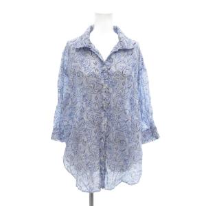 シャツ ブラウス チュニック 11 紫 パープル 水色 ライトブルー リネン混 ペイズリー柄 七分袖 /NU