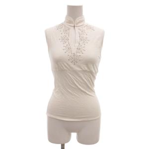 カットソー ノースリーブ トップス 1 ベージュ スタンドカラー ラインストーン /KR GY06