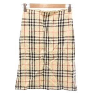 美品 タイトスカート 麻 リネン 36 ベージュ チェック柄 膝丈 ウエストフリル /SJ GY06