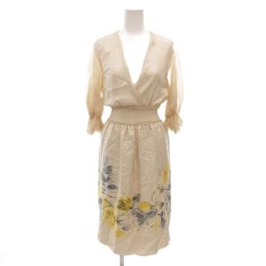 ワンピース ひざ丈 絹 シルク 40 ベージュ 花柄 Vネック 七分袖 /NL GY06