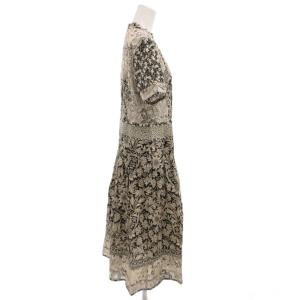 SCAPA ワンピース ロング 40 ベージュ 黒 ブラック 半袖 スタンドカラー パッチワーク柄 /KR GY06