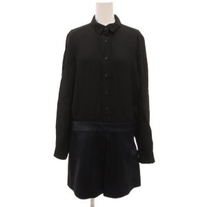 シャツワンピース オールインワン 素材切替 ひざ丈 38 黒 ブラック 紺 ネイビー /JS GY06