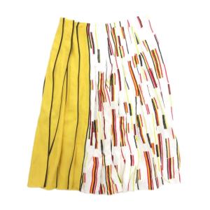 PRADA イタリア製 プリーツスカート 38S 切替デザイン ストライプ柄 ミディ丈 黄 イエロー 白 ホワイト