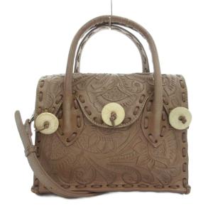 Maestra S 2WAY ハンドバッグ ショルダー レザー カービング ステッチ 花柄 茶 ブラウン