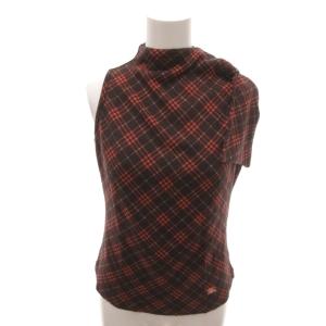 美品 カットソー ウール 38 ワインレッド チェック柄 ハイネック ノースリーブ FAF31-723-38