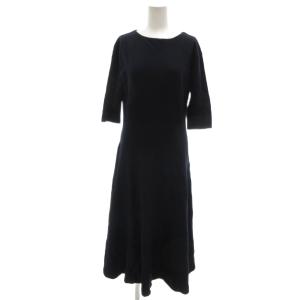 美品 ニットワンピース ウール 1 紺 ネイビー ボートネック 七分袖 ロング丈/HW GY06