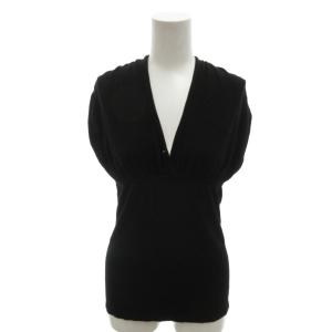 美品 カットソー 黒 ブラック Vネック ノースリーブ ウエストギャザー  /HW GY06